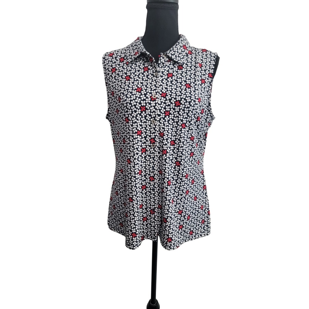 Tommy Hilfiger Womens Sleeveless Floral Button Down Blouse Navy Red White Large‎